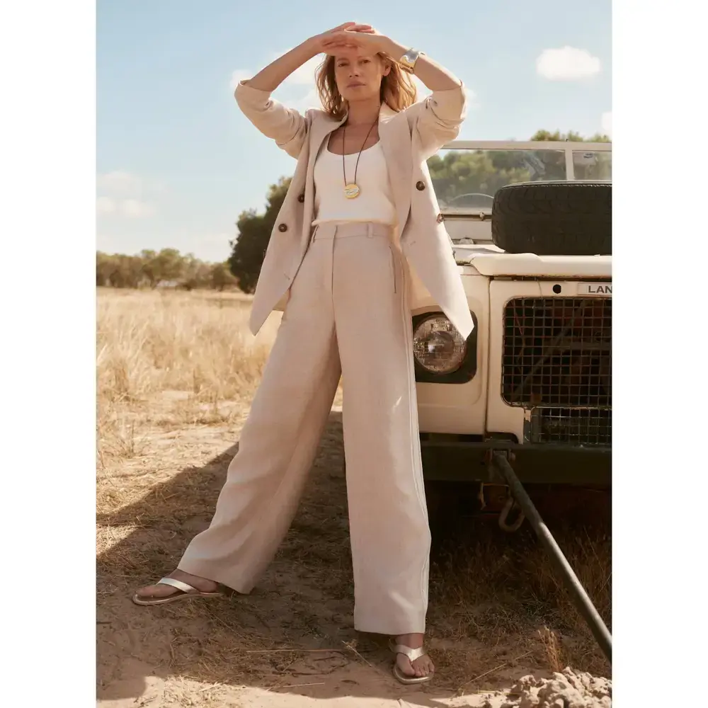 Mint Velvet Neutral Linen Side Stripe Trousers